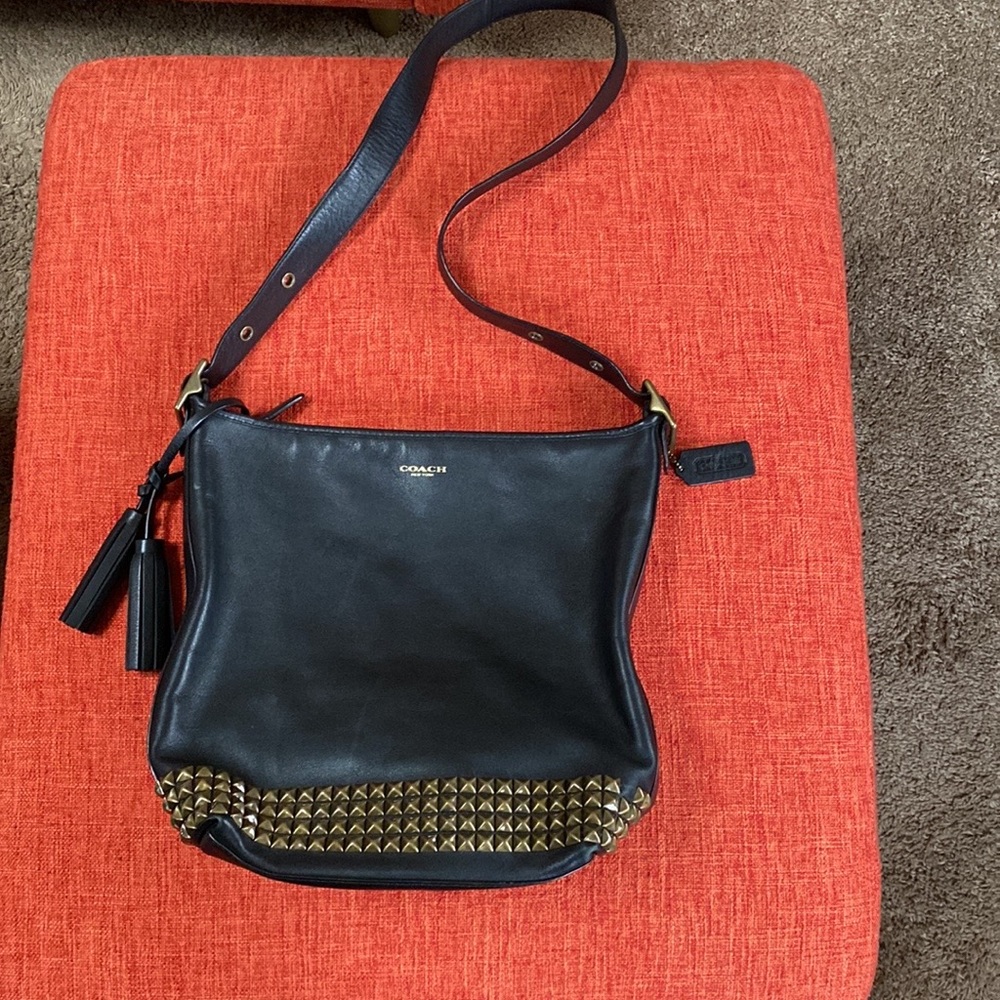 COACH Black Leather Legacy Studded Pyramid Stud Bucket Duffle Crossbody Bag - Picture 5 of 15